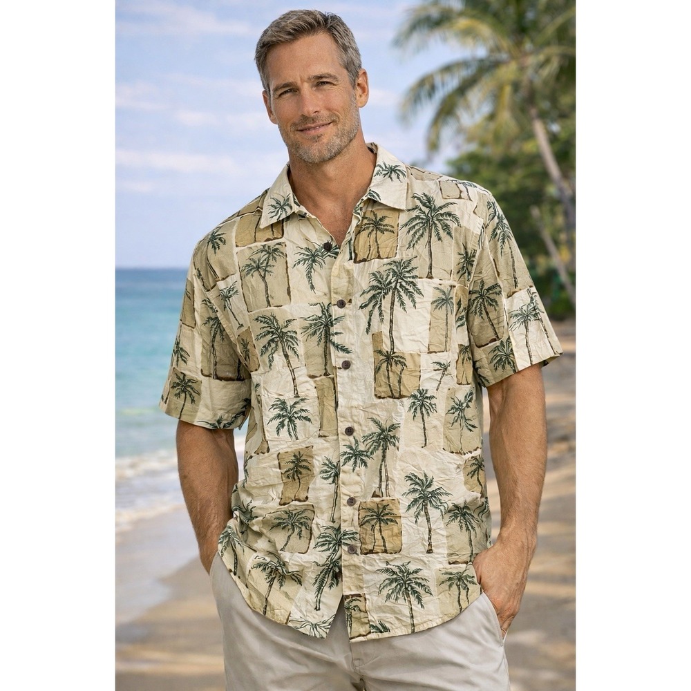 Joe Marlin Shirt Men's Large Short Sleeve Palm Trees Hawaiian Button Up Resort